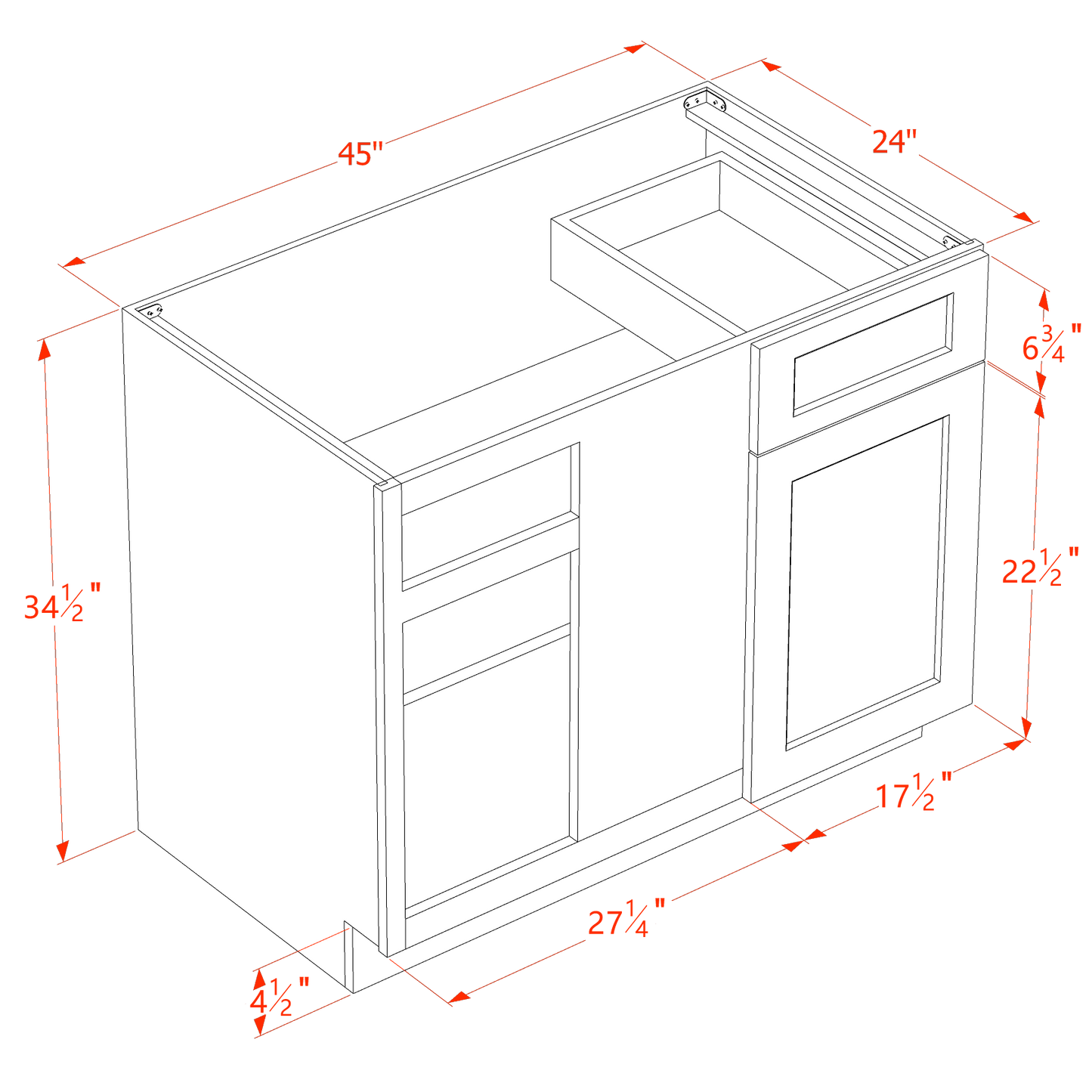 SF-BBC42/45: Frost White Slim Shaker 42" 1 Door - 1 Drawer Blind Corner Base Cabinets