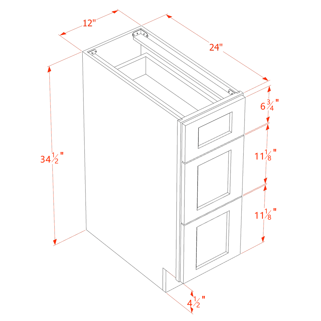 DI-DB12: Dallas Ivory Shaker 12" 3 Drawers Base Cabinet