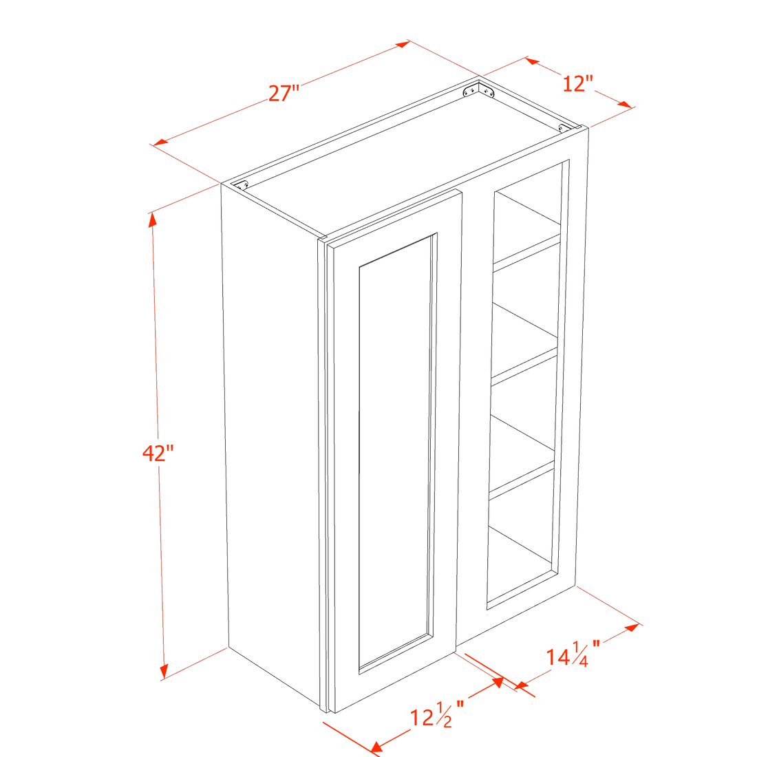 DI-WBC2742: Dallas Ivory Shaker 27"W x 42"H 1 Door & 2 Shelves Wall Blind Corner Cabinets