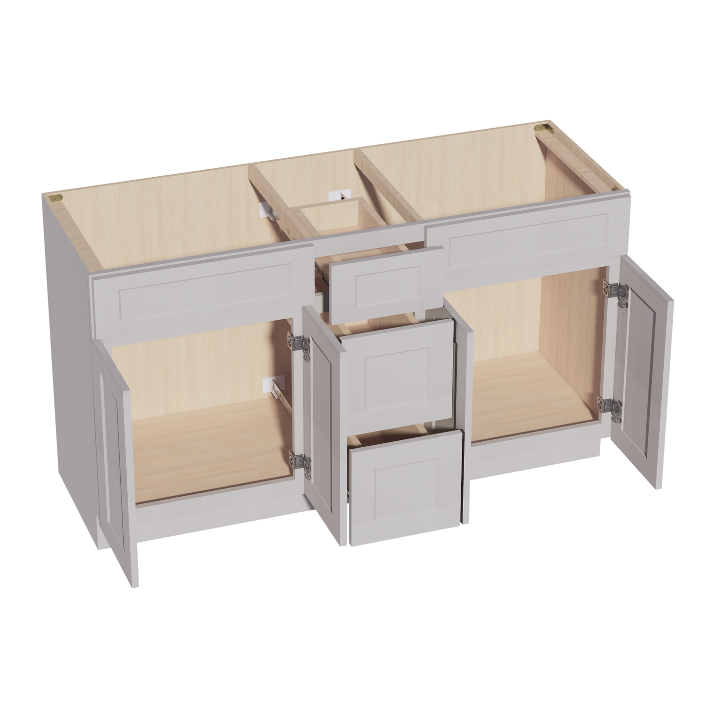 HA-VSD60DOUBLE: Ash Gray Shaker 60"W x 34-1/2"H x 21"D 4 Doors, 3 Drawers & 2 False Drawers Double Sink Vanity Base Combo Cabinets