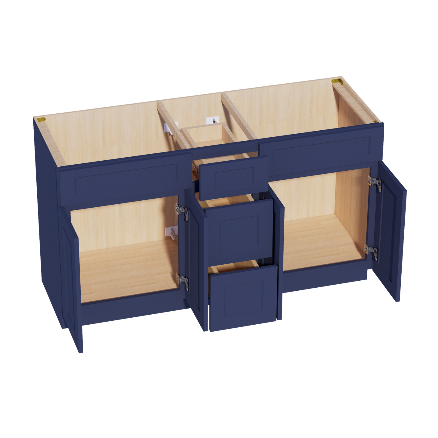 HB-VSD60DOUBLE: Indigo Blue Shaker 60"W x 34-1/2"H x 21"D 4 Doors, 3 Drawers & 2 False Drawers Double Sink Vanity Base Combo Cabinets