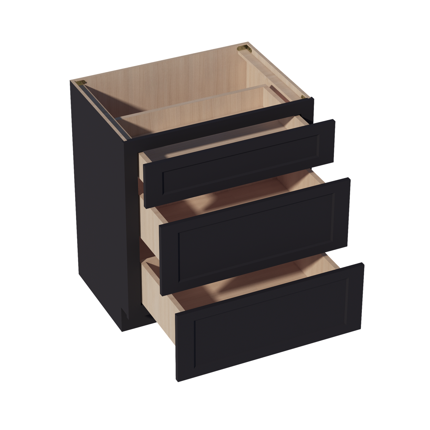 HE-VDB3021: Ebony Black Shaker 30"W x 34-1/2"H x 21"D  3 Drawers Vanity Base Cabinets