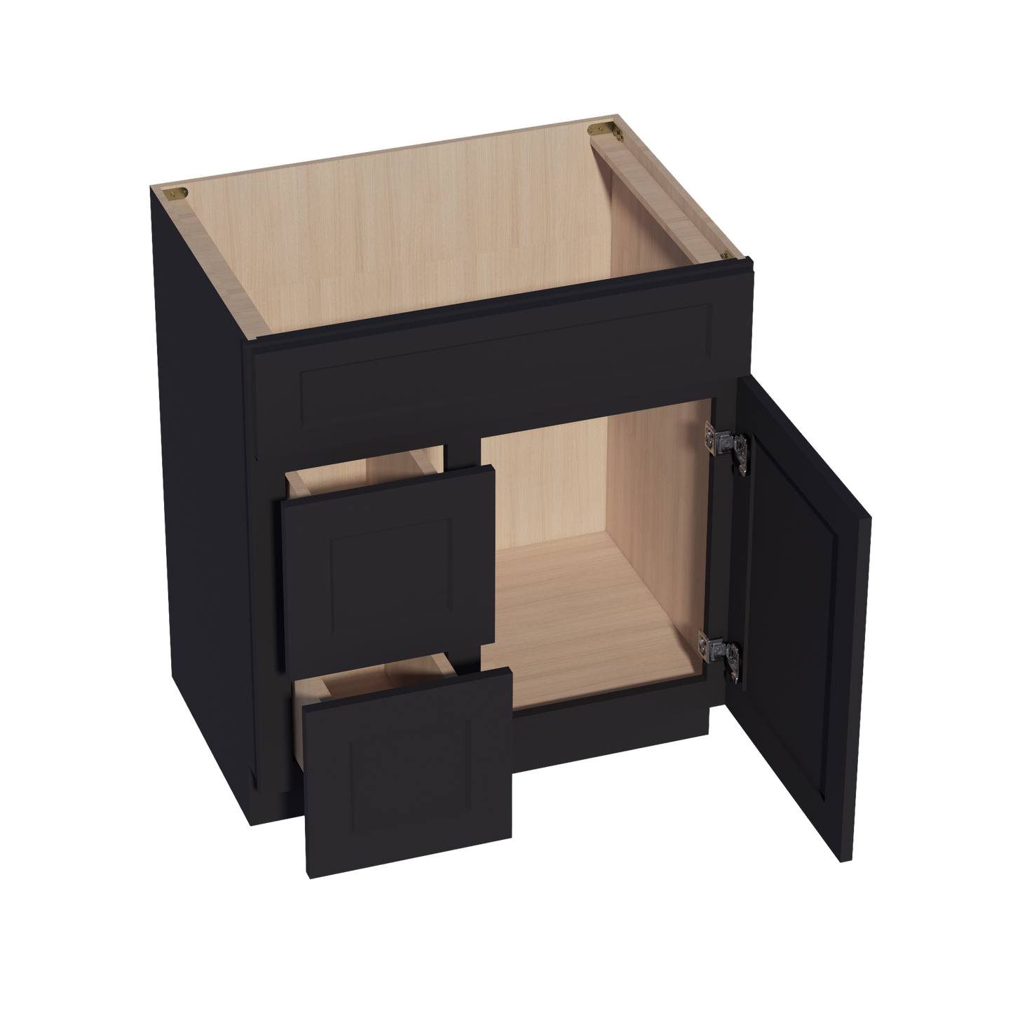 HE-VSD3021L: Ebony Black Shaker 30"W x 34-1/2"H x 21"D 1 Door & 2 Left Drawers Offset Vanity Sink Base Cabinets