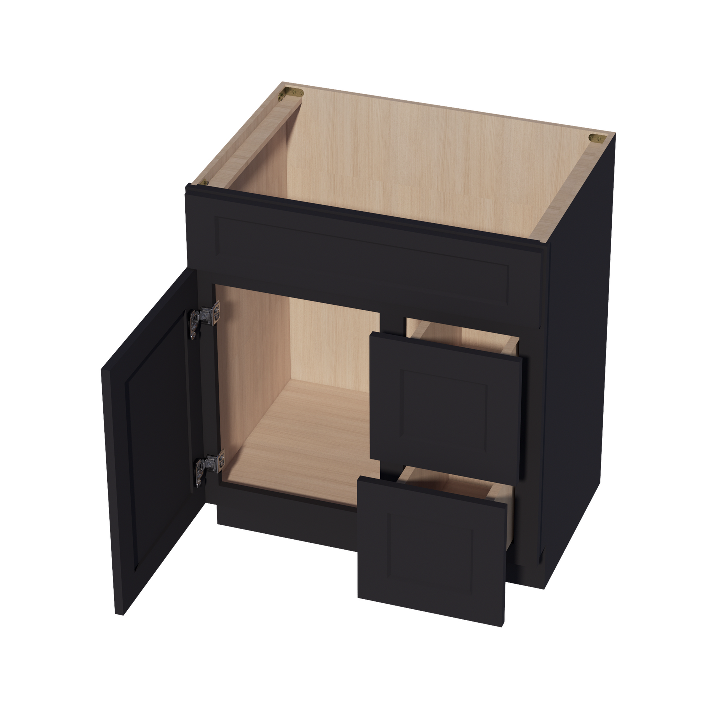 HE-VSD3021R: Ebony Black Shaker 30"W x 34-1/2"H x 21"D 1 Door & 2 Right Drawers Offset Vanity Sink Base Cabinets