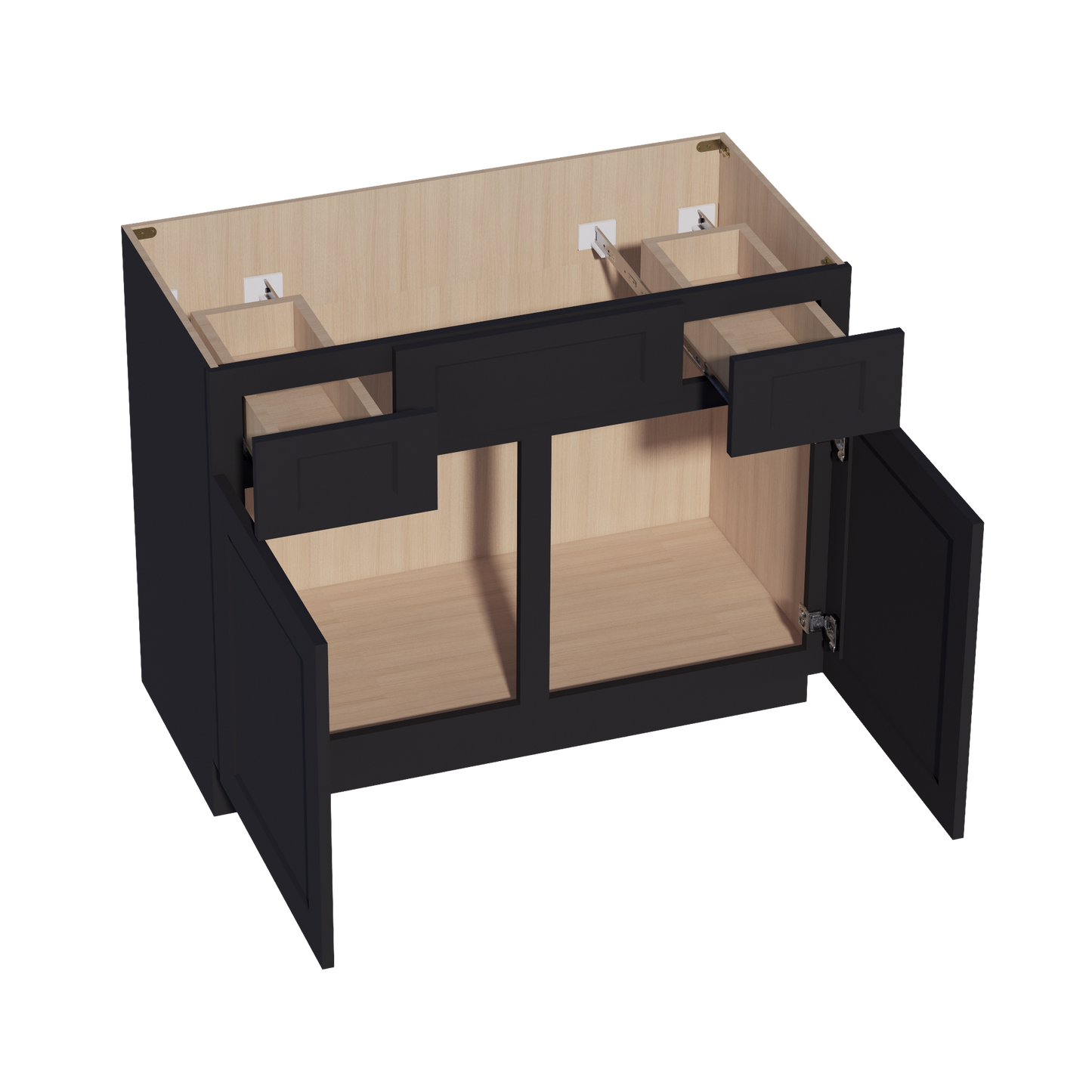 HE-VSD4221: Ebony Black Shaker  42"W x 34-1/2"H x 21"D 2 Doors, 2 Drawers & 1 False Drawer Centered Vanity Sink Base Cabinets