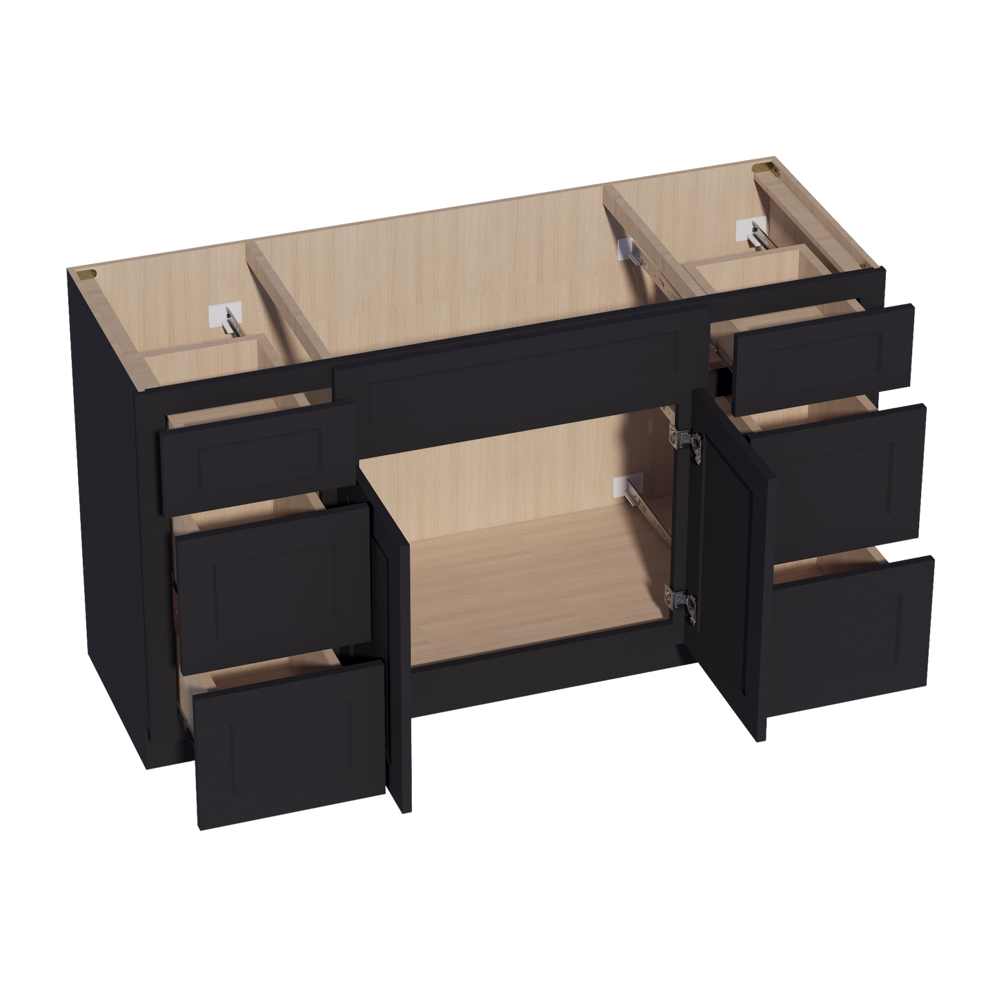 HE-VSD60SINGLE: Ebony Black Shaker 60"W x 34-1/2"H x 21"D 2 Doors, 6 Drawers & 1 False Drawer Single Sink Vanity Base Combo Cabinets