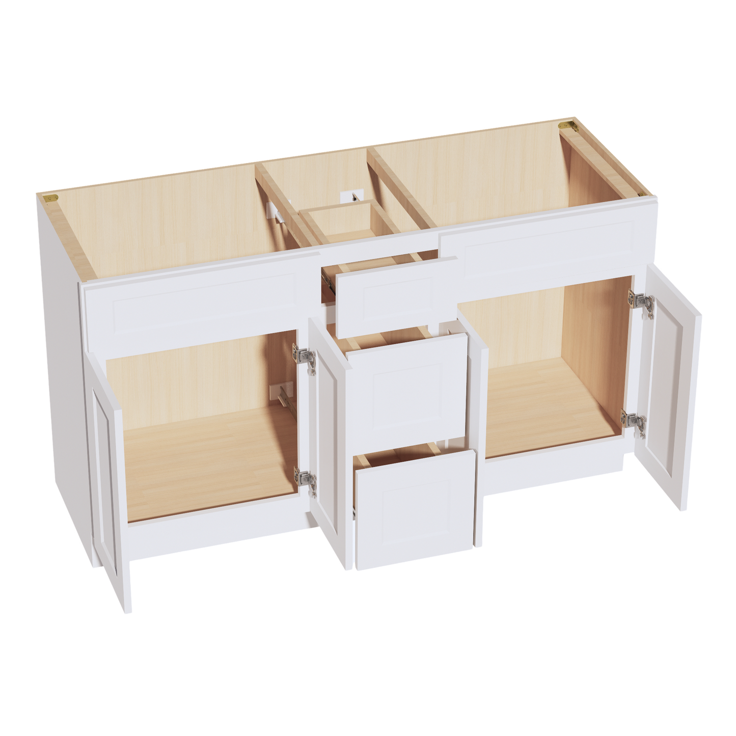 HF-VSD60DOUBLE: Frost White Shaker 60"W x 34-1/2"H x 21"D 4 Doors, 3 Drawers & 2 False Drawers Double Sink Vanity Base Combo Cabinets