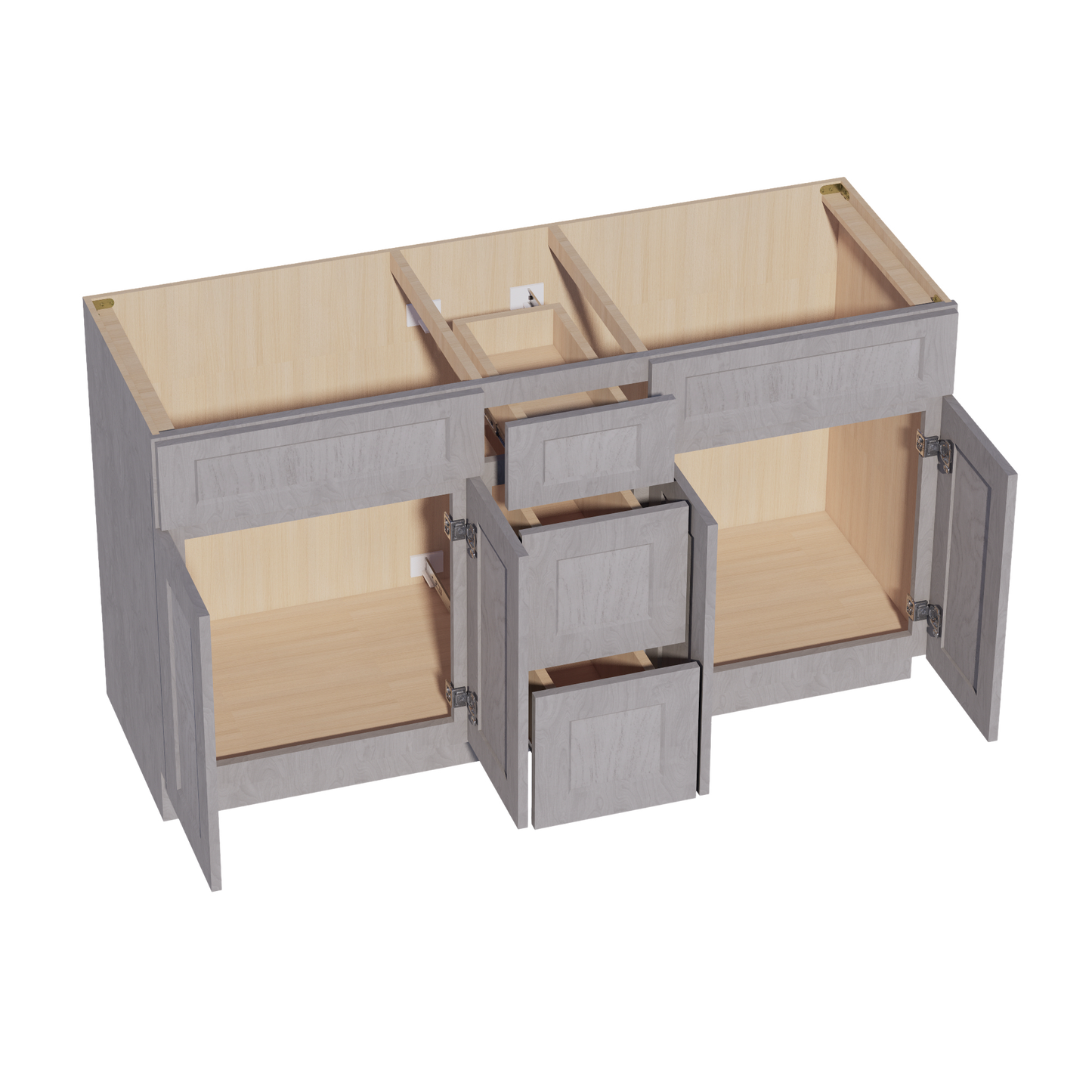 HLG-VSD60DOUBLE: Light Gray Shaker 60"W x 34-1/2"H x 21"D 4 Doors, 3 Drawers & 2 False Drawers Double Sink Vanity Base Combo Cabinets
