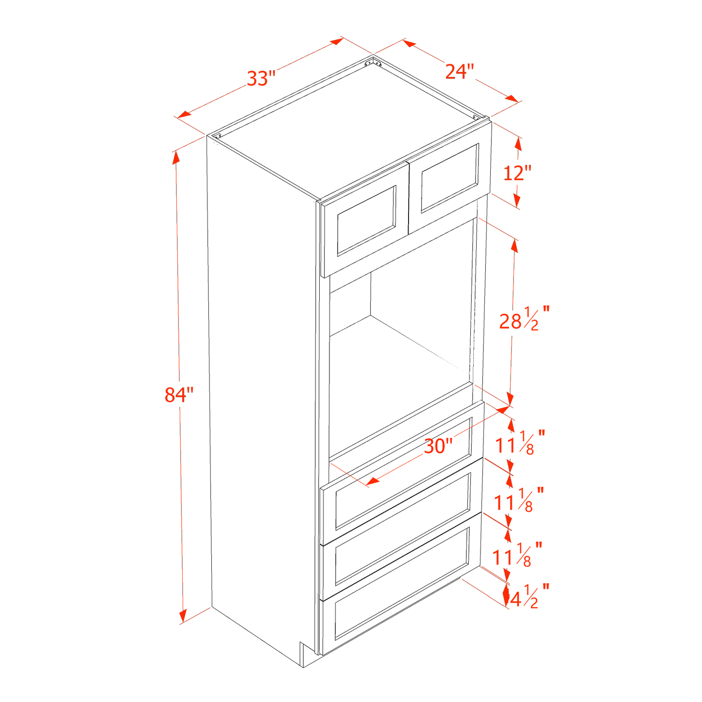 SF-OC3384: Frost White Slim Shaker 33"W x 84"H x 24"D 2 Doors & 3 Drawers Tall Oven Shelf Cabinets