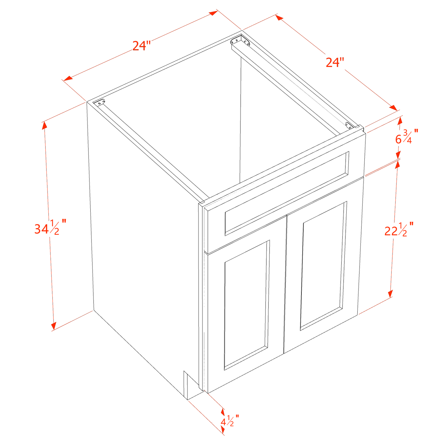 SF-SB24: Frost White Slim Shaker 24" 2 Doors 1 False Drawer Sink Base Cabinet