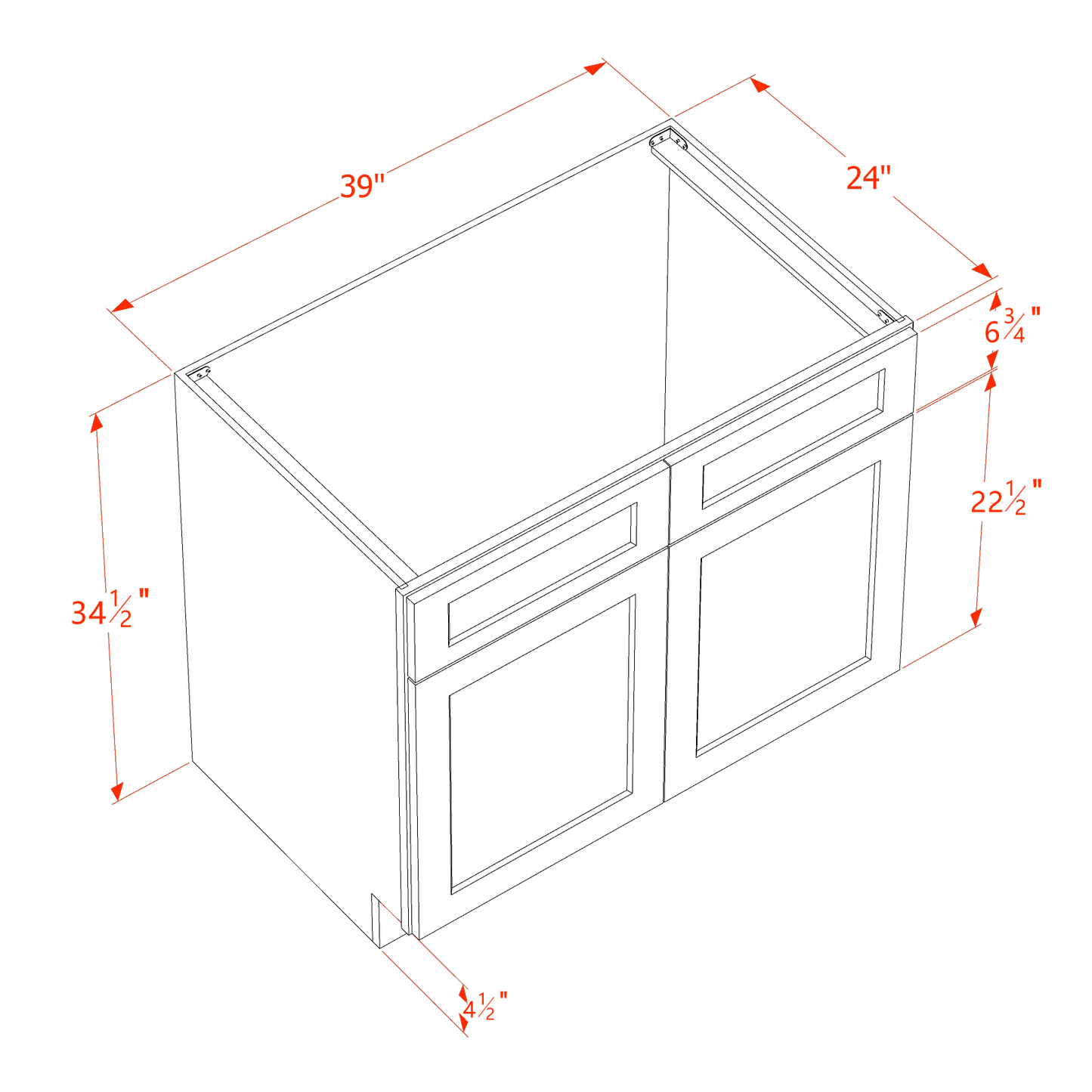 SF-SB39: Frost White Slim Shaker 39" 2 Doors 2 False Drawers Sink Base Cabinet