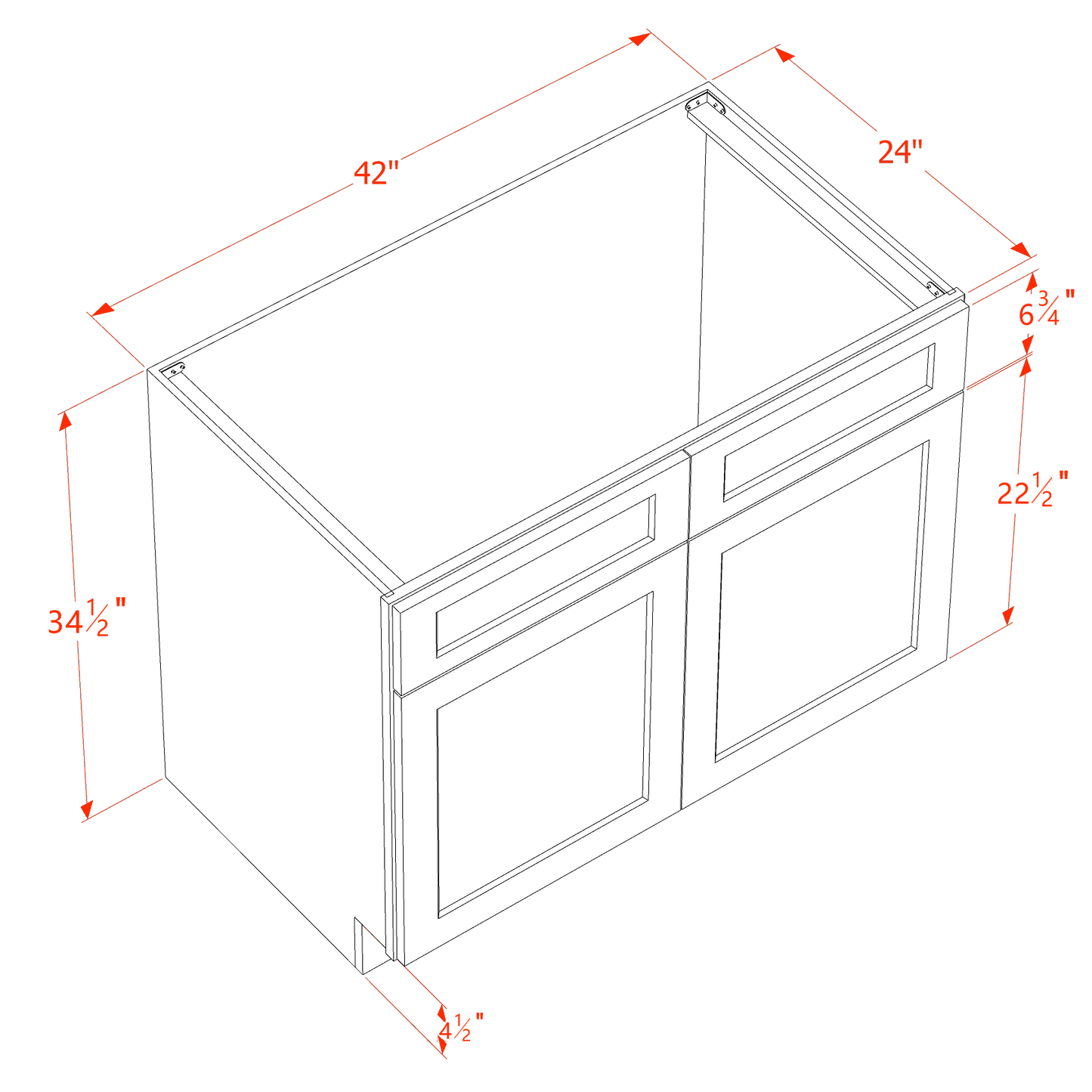 SF-SB42: Frost White Slim Shaker 42" 2 Doors 2 False Drawers Sink Base Cabinet
