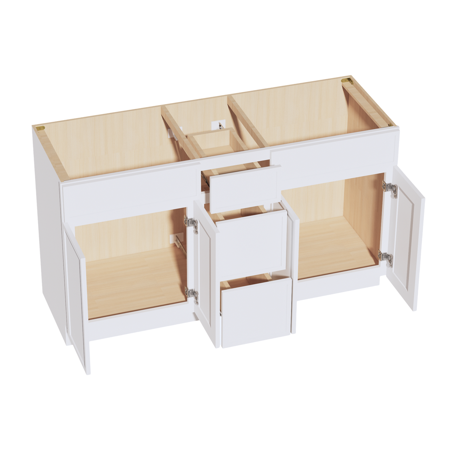SF-VSD60DOUBLE: Frost White Slim Shaker 60"W x 34-1/2"H x 21"D 4 Doors, 3 Drawers & 2 False Drawers Double Sink Vanity Base Combo Cabinets