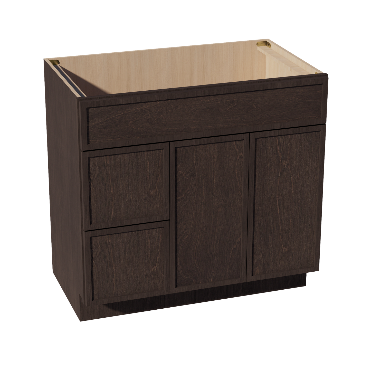 SM-VSD3621L: Mocha Brown Slim Shaker 36"W x 34-1/2"H x 21"D 2 Doors & 2 Left Drawers Offset Vanity Sink Base Cabinets