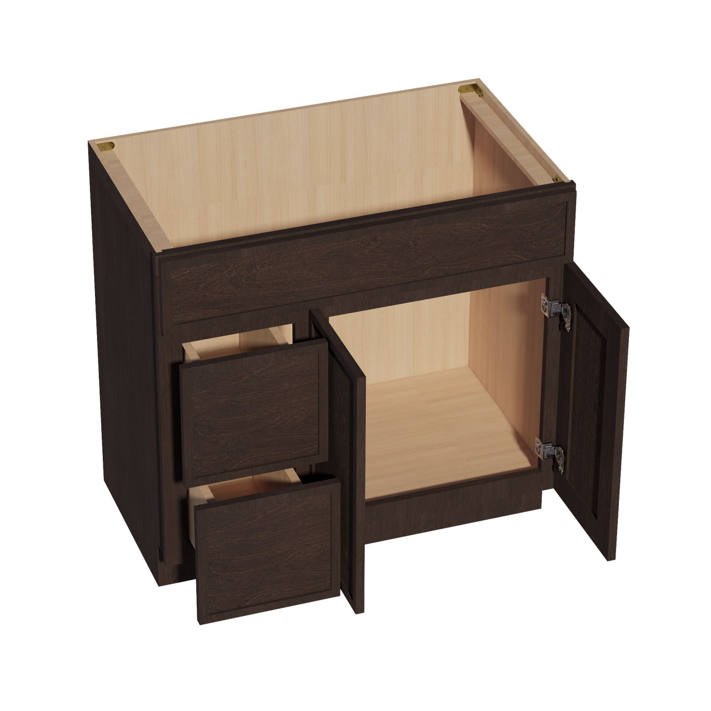 SM-VSD3621L: Mocha Brown Slim Shaker 36"W x 34-1/2"H x 21"D 2 Doors & 2 Left Drawers Offset Vanity Sink Base Cabinets
