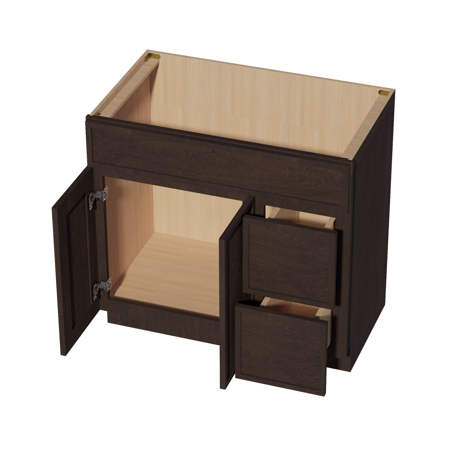 SM-VSD3621R: Mocha Brown Slim Shaker 36"W x 34-1/2"H x 21"D 2 Doors & 2 Right Drawers Offset Vanity Sink Base Cabinets