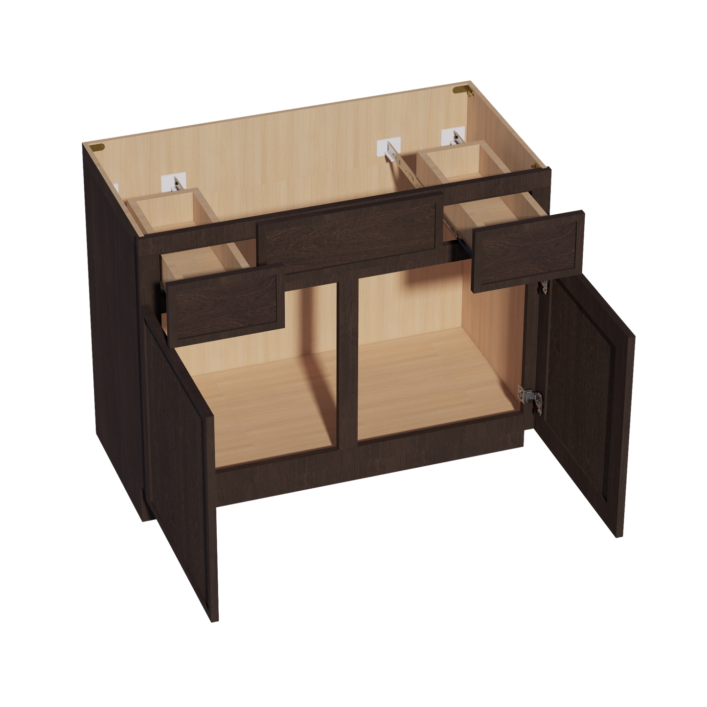 SM-VSD4221: Mocha Brown Slim Shaker 42"W x 34-1/2"H x 21"D 2 Doors, 2 Drawers & 1 False Drawer Centered Vanity Sink Base Cabinets