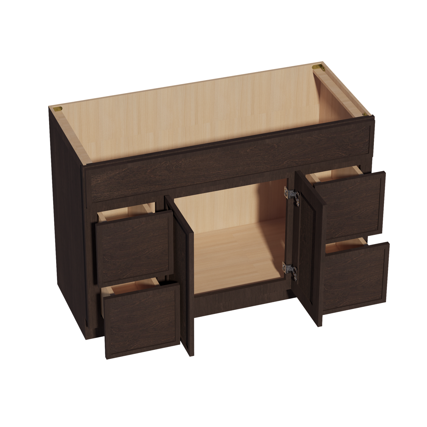 SM-VSD4821: Mocha Brown Slim Shaker 48"W x 34-1/2"H x 21"D 2 Doors, 4 Drawers & 1 False Drawer Centered Vanity Sink Base Cabinets
