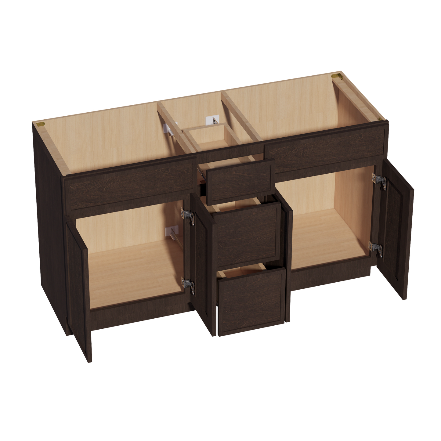 SM-VSD60DOUBLE: Mocha Brown Slim Shaker 60"W x 34-1/2"H x 21"D 4 Doors, 3 Drawers & 2 False Drawers Double Sink Vanity Base Combo Cabinets