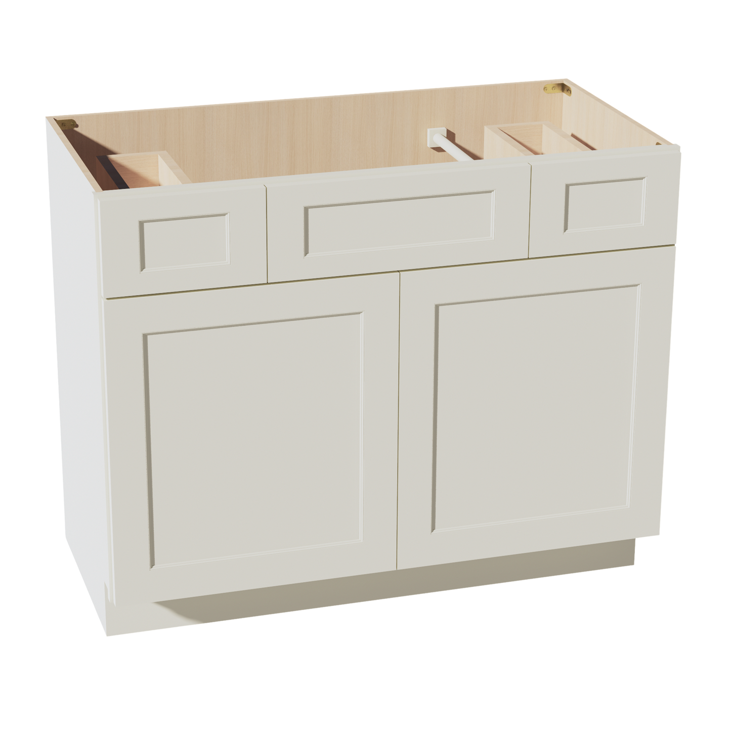 TW-VSD4221: Creamy White Shaker  42"W x 34-1/2"H x 21"D 2 Doors, 2 Drawers & 1 False Drawer Centered Vanity Sink Base Cabinets
