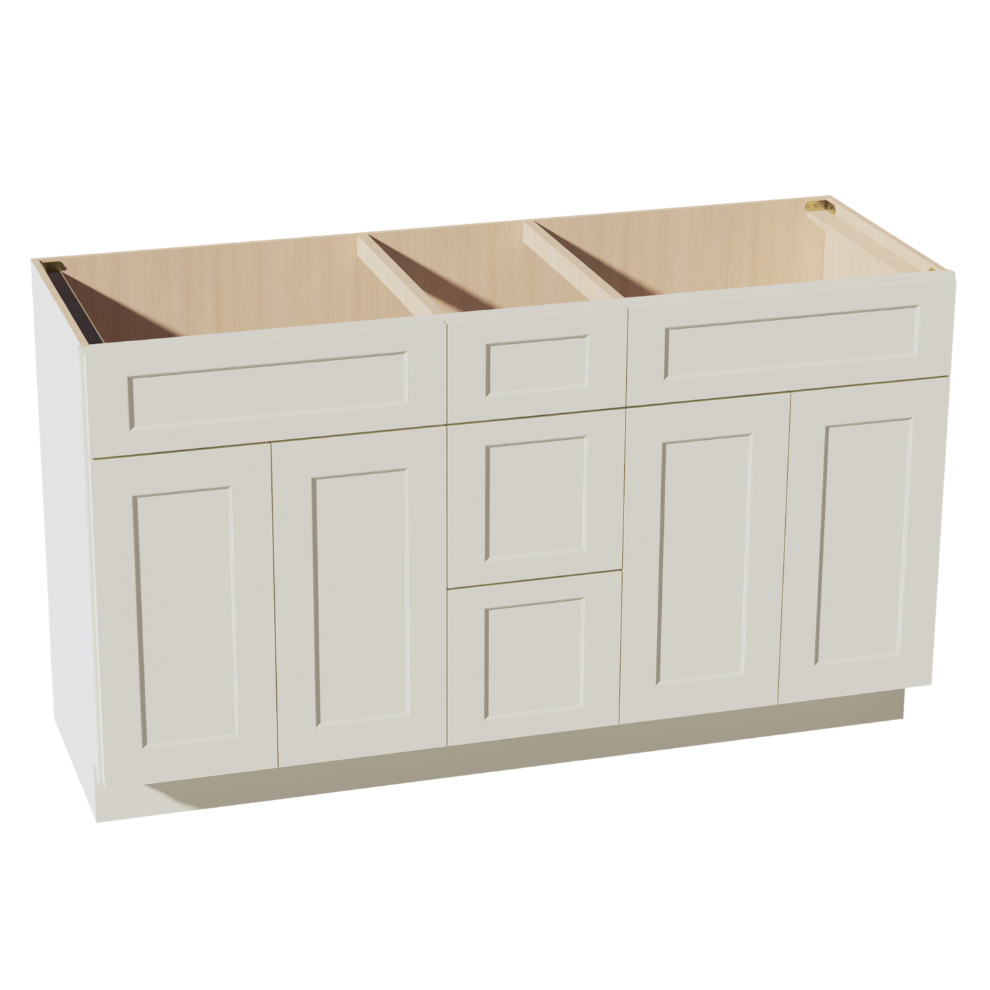 TW-VSD60DOUBLE: Creamy White Shaker 60"W x 34-1/2"H x 21"D 4 Doors, 3 Drawers & 2 False Drawers Double Sink Vanity Base Combo Cabinets