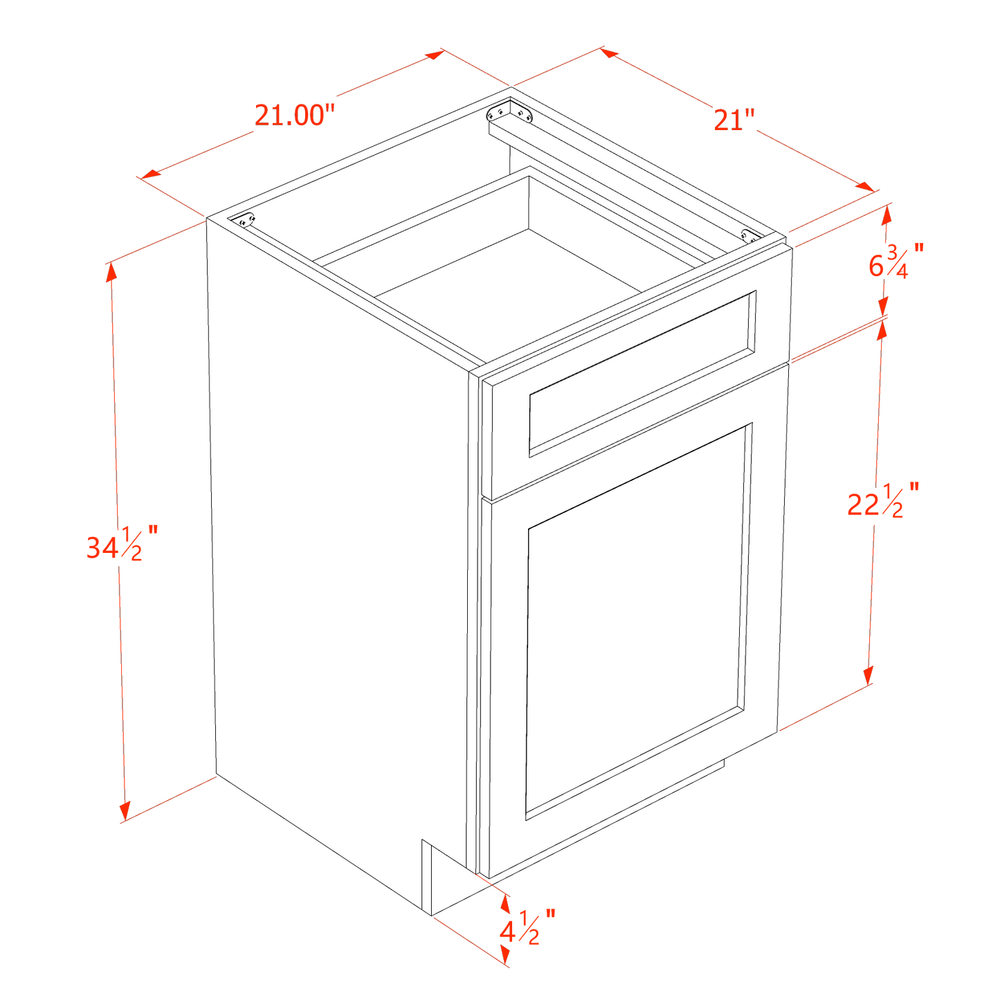 TW-VB2121: Creamy White Shaker 21"W x 34-1/2"H x 21"D 1 Door & 1 Drawer Single Door Vanity Base Cabinets