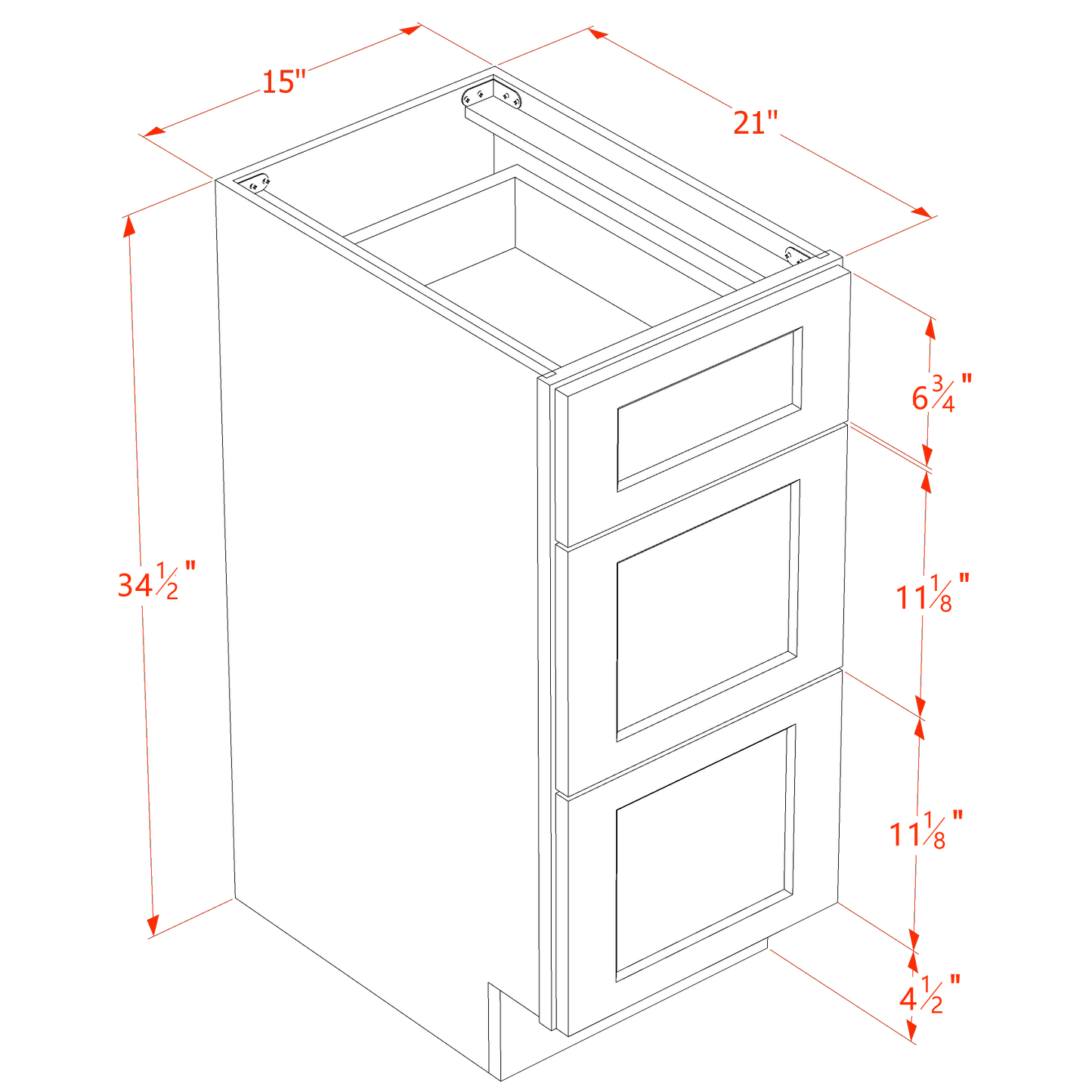 TW-VDB1521: Creamy White Shaker 15"W x 34-1/2"H x 21"D  3 Drawers Vanity Base Cabinets