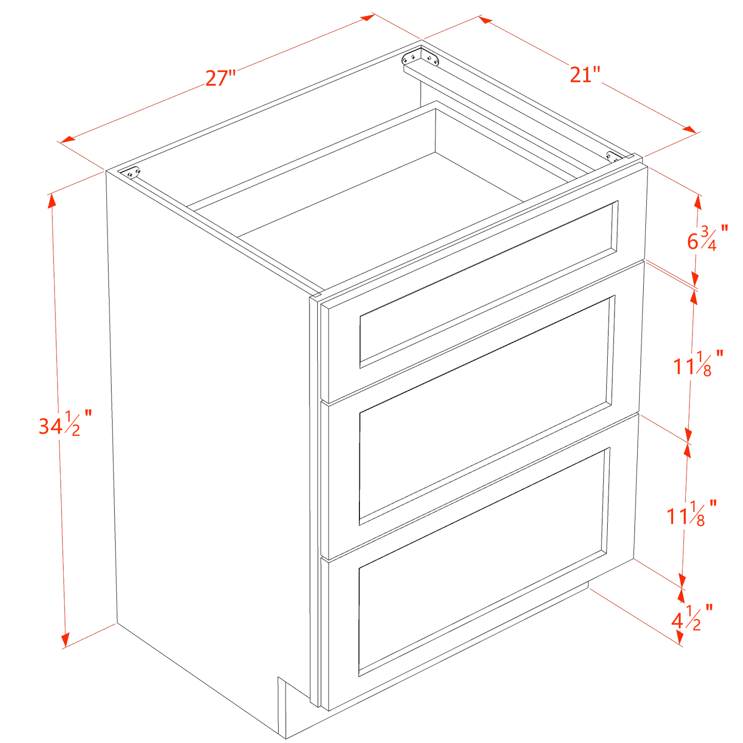 SF-VDB2721: Frost White Slim Shaker 27"W x 34-1/2"H x 21"D 3 Drawers Vanity Base Cabinets