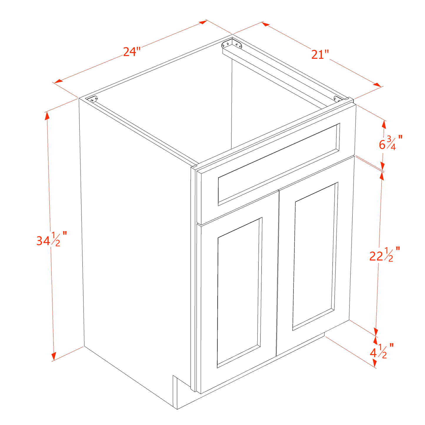 SF-VSB2421: Frost White Slim Shaker 24"W x 34-1/2"H x 21"D 2 Doors & 1 False Drawer Vanity Sink Base Cabinets
