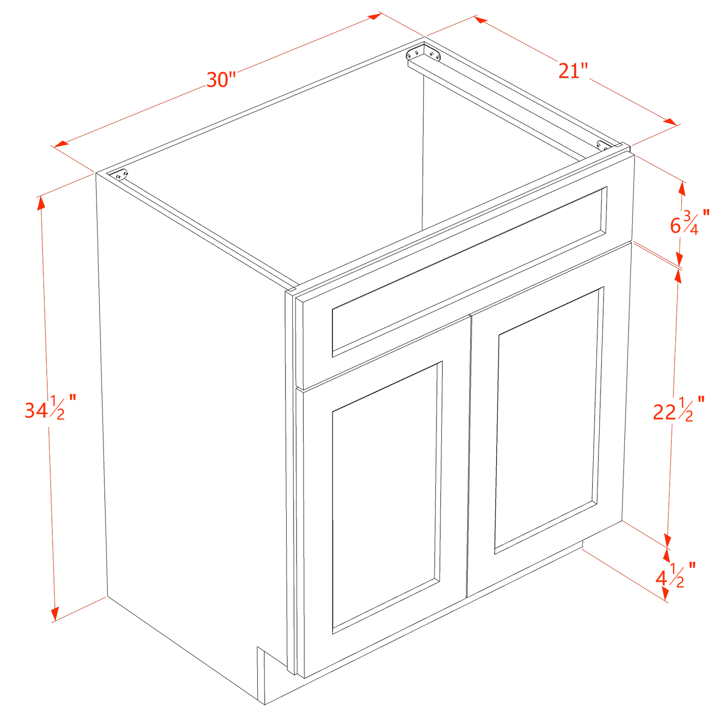SF-VSB3021: Frost White Slim Shaker 30"W x 34-1/2"H x 21"D 2 Doors & 1 False Drawer Vanity Sink Base Cabinets