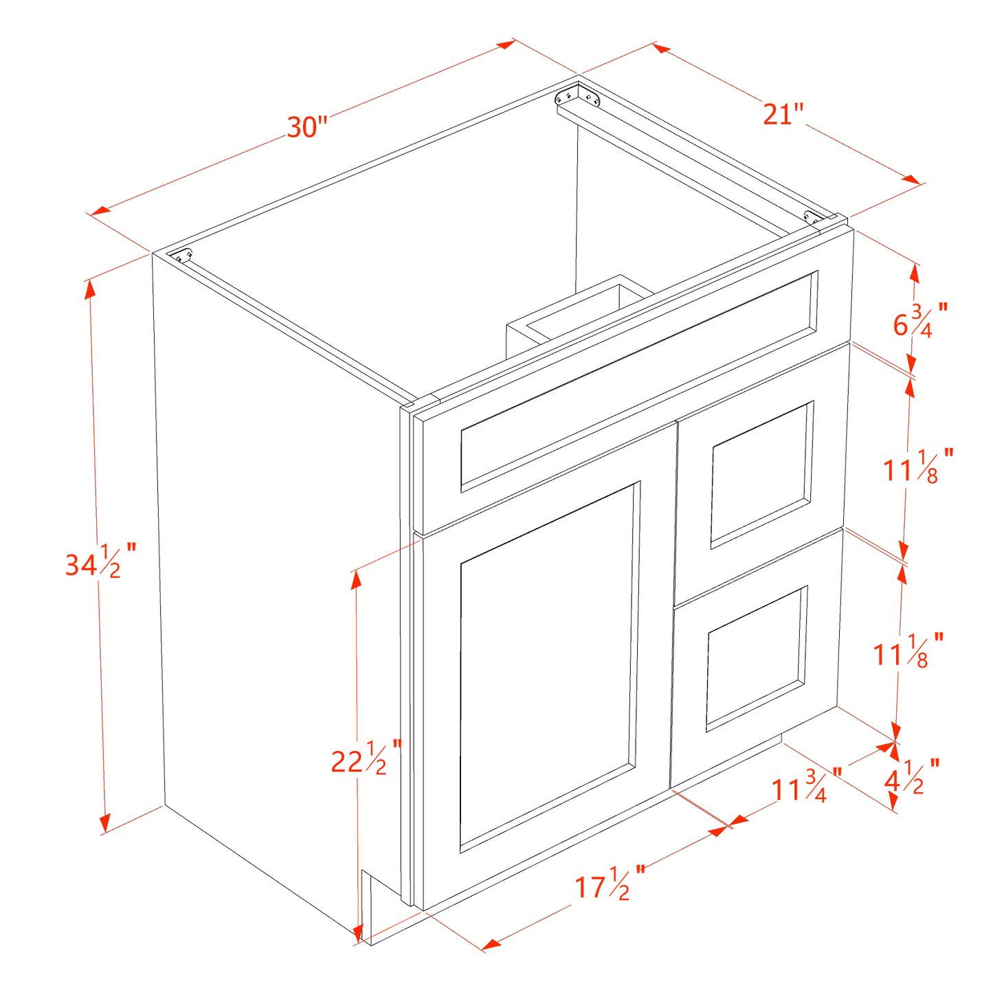 SF-VSD3021R: Frost White Slim Shaker 30"W x 34-1/2"H x 21"D 1 Door & 2 Right Drawers Offset Vanity Sink Base Cabinets