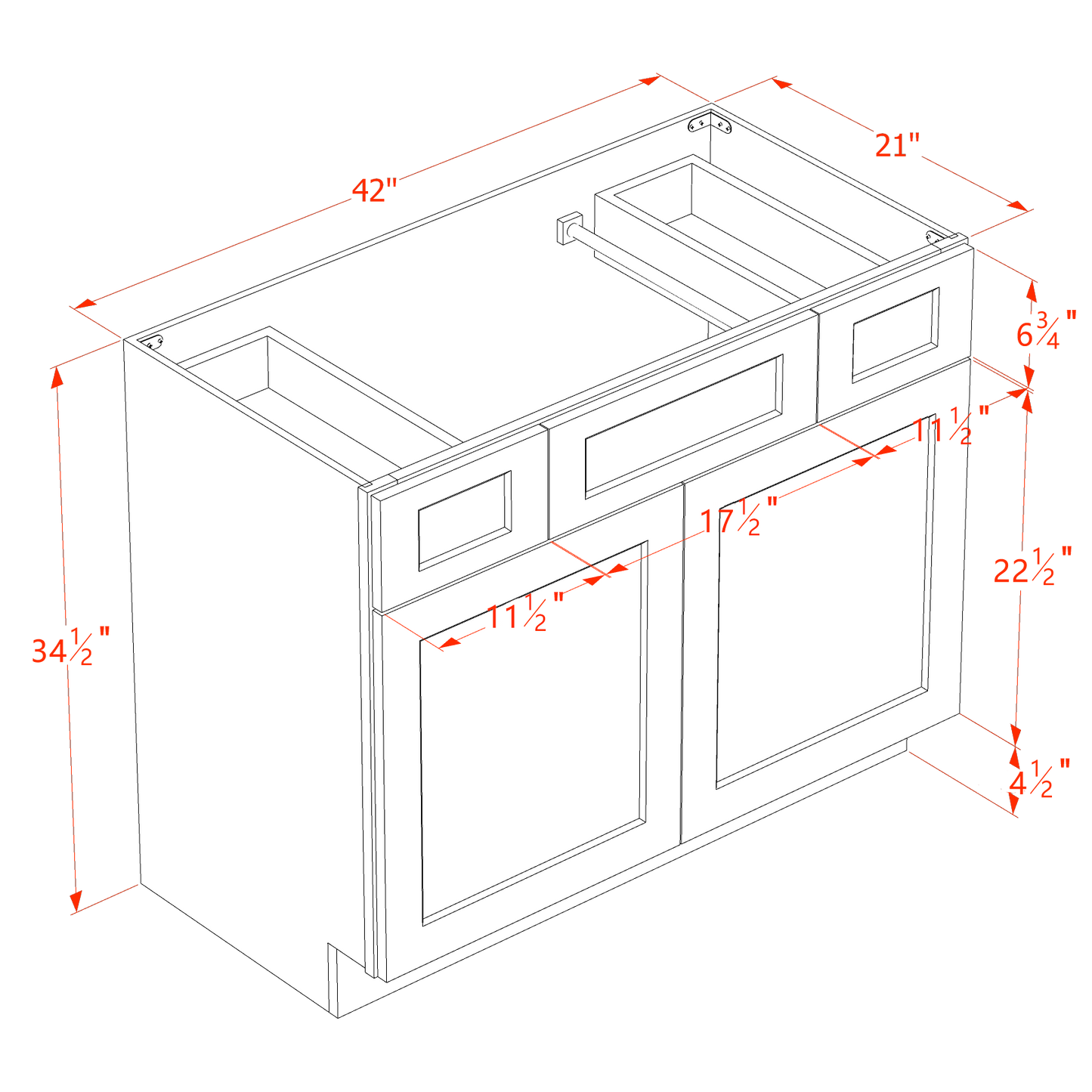 TW-VSD4221: Creamy White Shaker  42"W x 34-1/2"H x 21"D 2 Doors, 2 Drawers & 1 False Drawer Centered Vanity Sink Base Cabinets