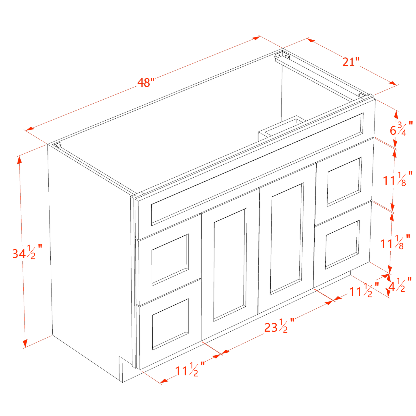 SM-VSD4821: Mocha Brown Slim Shaker 48"W x 34-1/2"H x 21"D 2 Doors, 4 Drawers & 1 False Drawer Centered Vanity Sink Base Cabinets