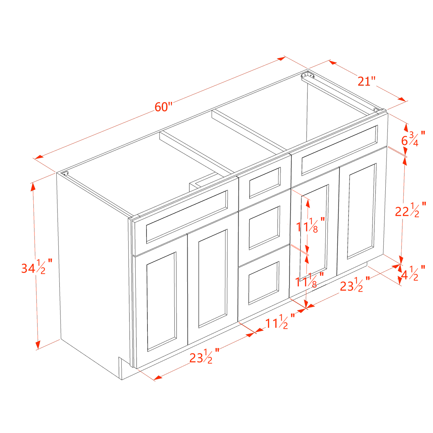 SF-VSD60DOUBLE: Frost White Slim Shaker 60"W x 34-1/2"H x 21"D 4 Doors, 3 Drawers & 2 False Drawers Double Sink Vanity Base Combo Cabinets