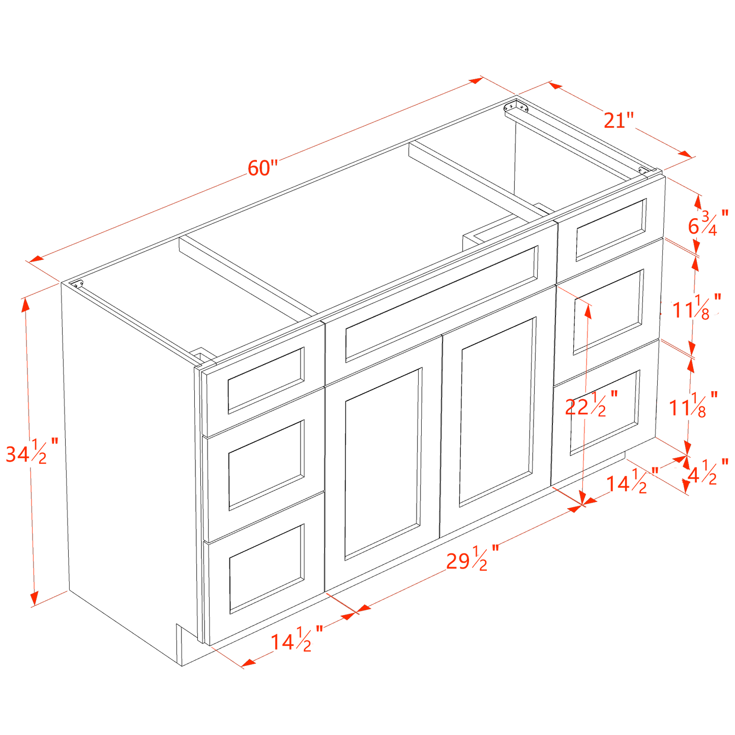 TW-VSD60SINGLE: Creamy White Shaker 60"W x 34-1/2"H x 21"D 2 Doors, 6 Drawers & 1 False Drawer Single Sink Vanity Base Combo Cabinets