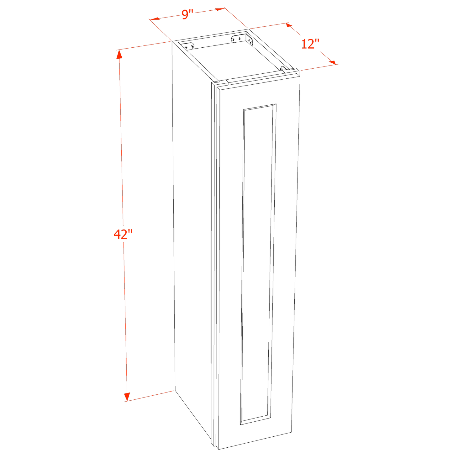 TW-W0942: Creamy White Shaker 09"W x 42"H 1 Door & 3 Shelves Standard Wall Cabinet