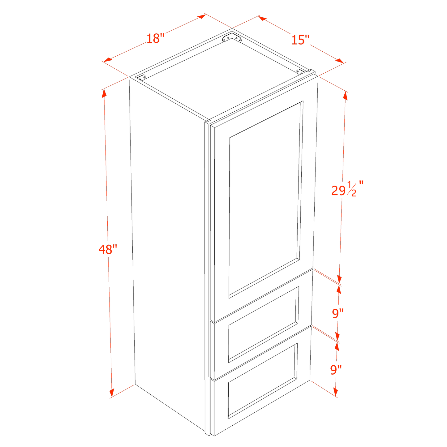 HT-WD1848: Timber Wood Shaker 18"W x 48"H 1 Door & 2 Drawers Special Wall Cabinet
