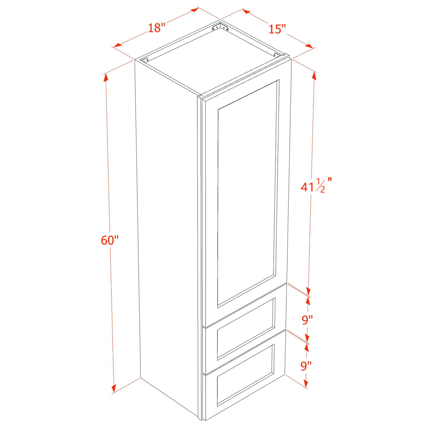 TW-WD1860: Creamy White Shaker 18"W x 60"H 1 Door & 2 Drawers Special Wall Cabinet