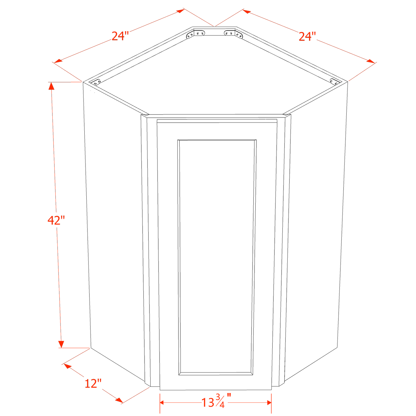 HT-WDC2442: Timber Wood Shaker 24"W x 42"H 1 Door & 2 Shelves Diagonal Wall Corner Cabinet