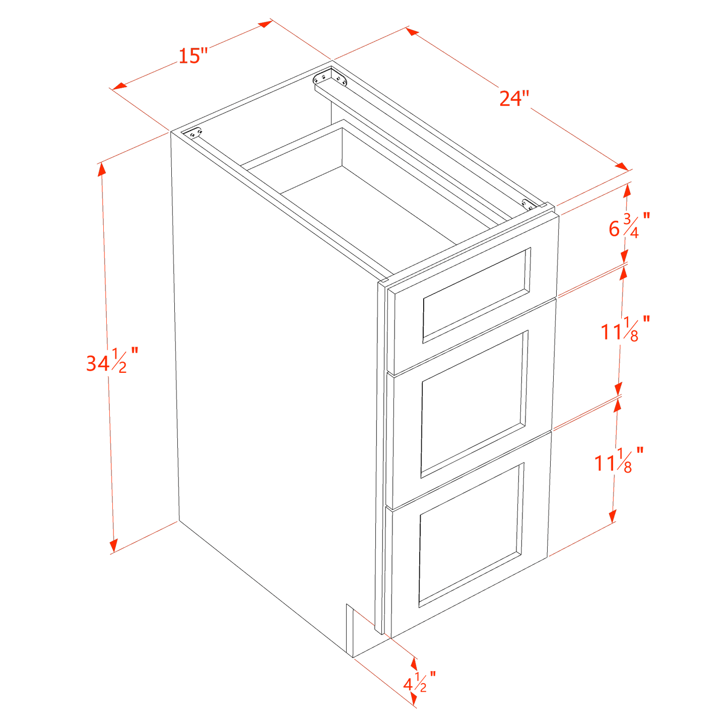 HA-DB15: Ash Gray Shaker 15" 3 Drawers Base Cabinet