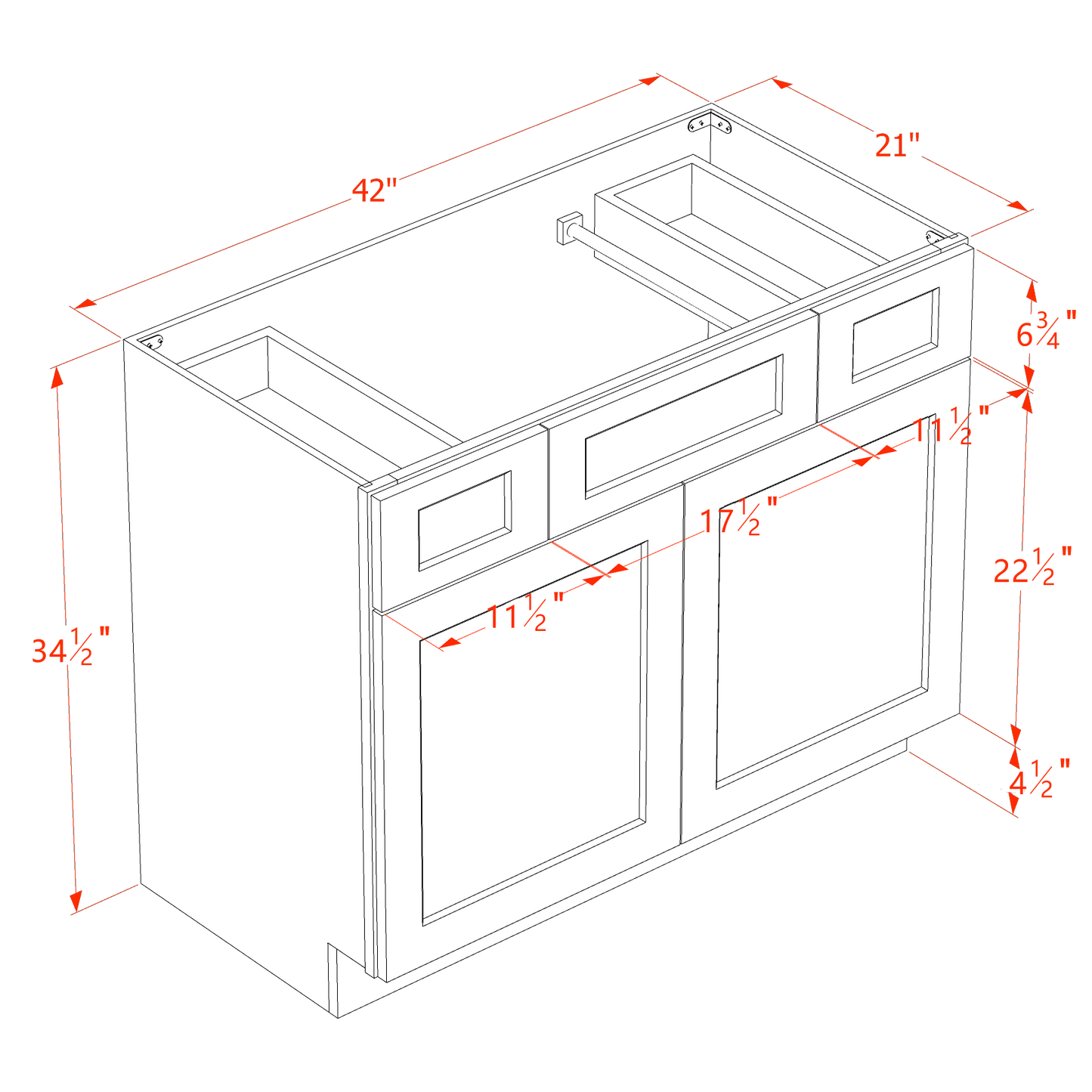 HA-VSD4221: Ash Gray Shaker  42"W x 34-1/2"H x 21"D 2 Doors, 2 Drawers & 1 False Drawer Centered Vanity Sink Base Cabinets