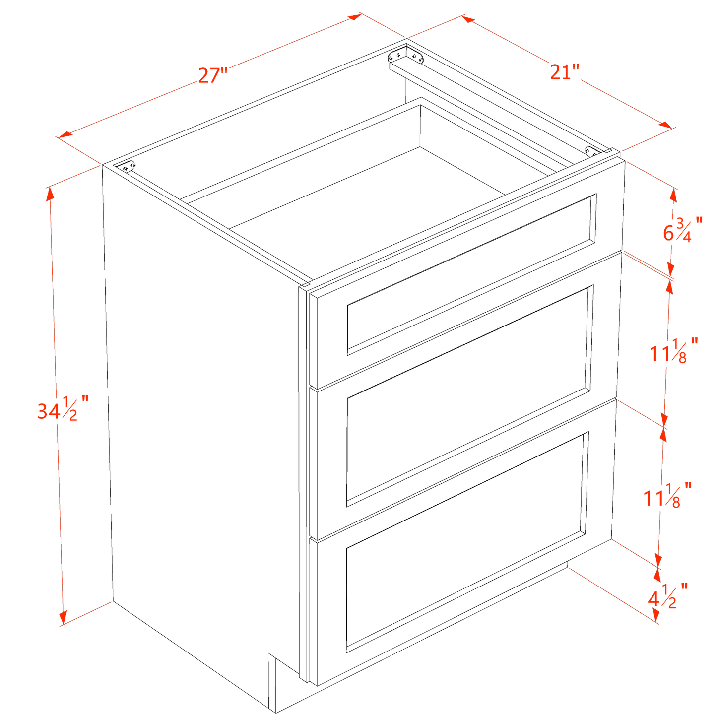 HB-VDB2721: Indigo Blue Shaker 27"W x 34-1/2"H x 21"D 3 Drawers Vanity Base Cabinets