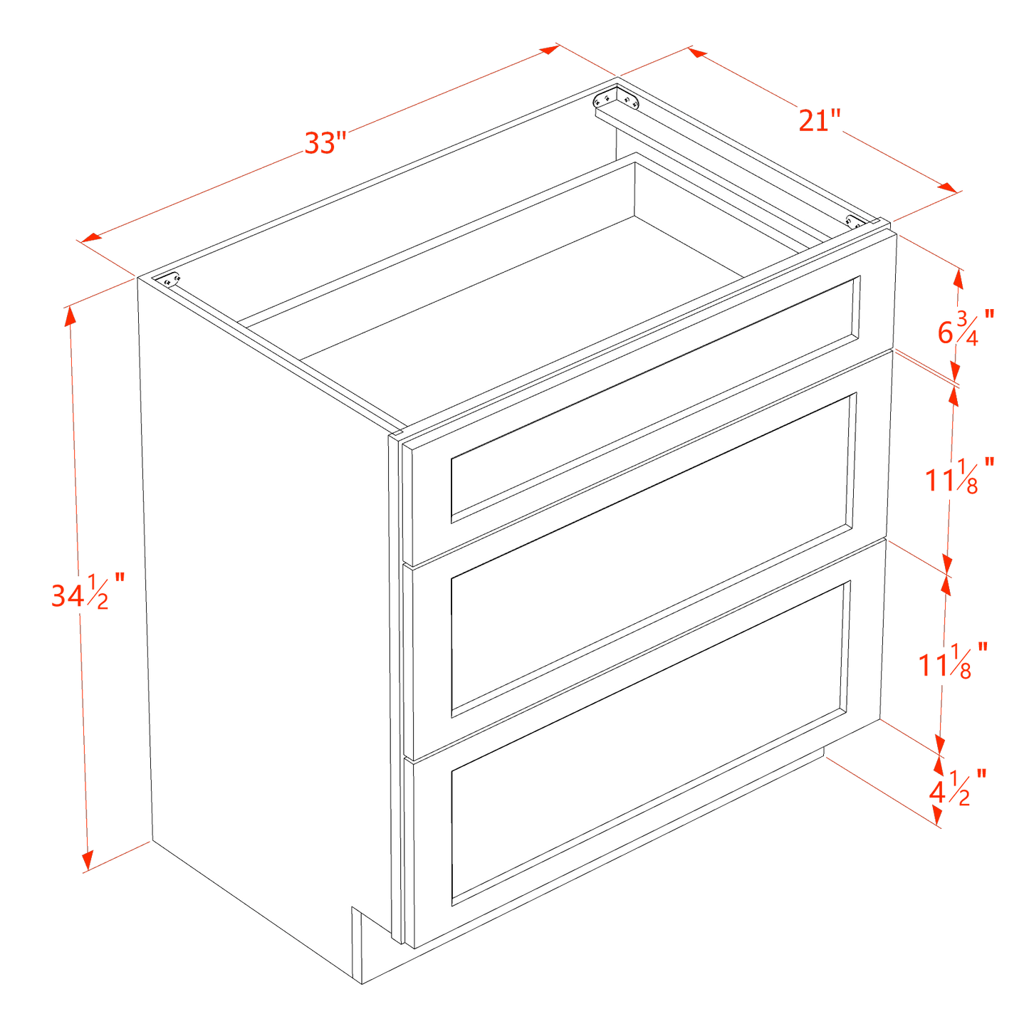 HB-VDB3321: Indigo Blue Shaker 33"W x 34-1/2"H x 21"D 3 Drawers Vanity Base Cabinets