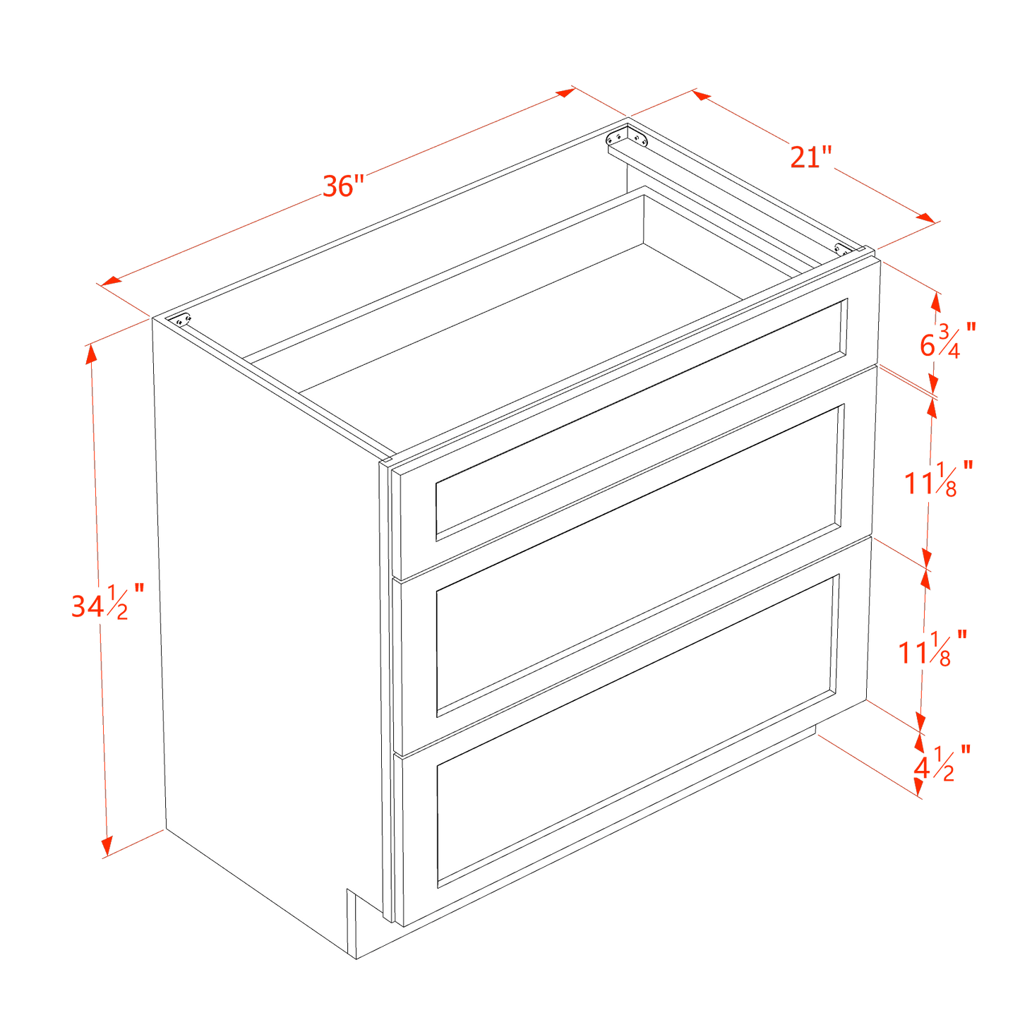 HB-VDB3621: Indigo Blue Shaker 36"W x 34-1/2"H x 21"D 3 Drawers Vanity Base Cabinets