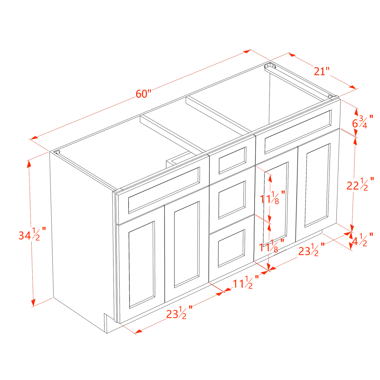 HB-VSD60DOUBLE: Indigo Blue Shaker 60"W x 34-1/2"H x 21"D 4 Doors, 3 Drawers & 2 False Drawers Double Sink Vanity Base Combo Cabinets