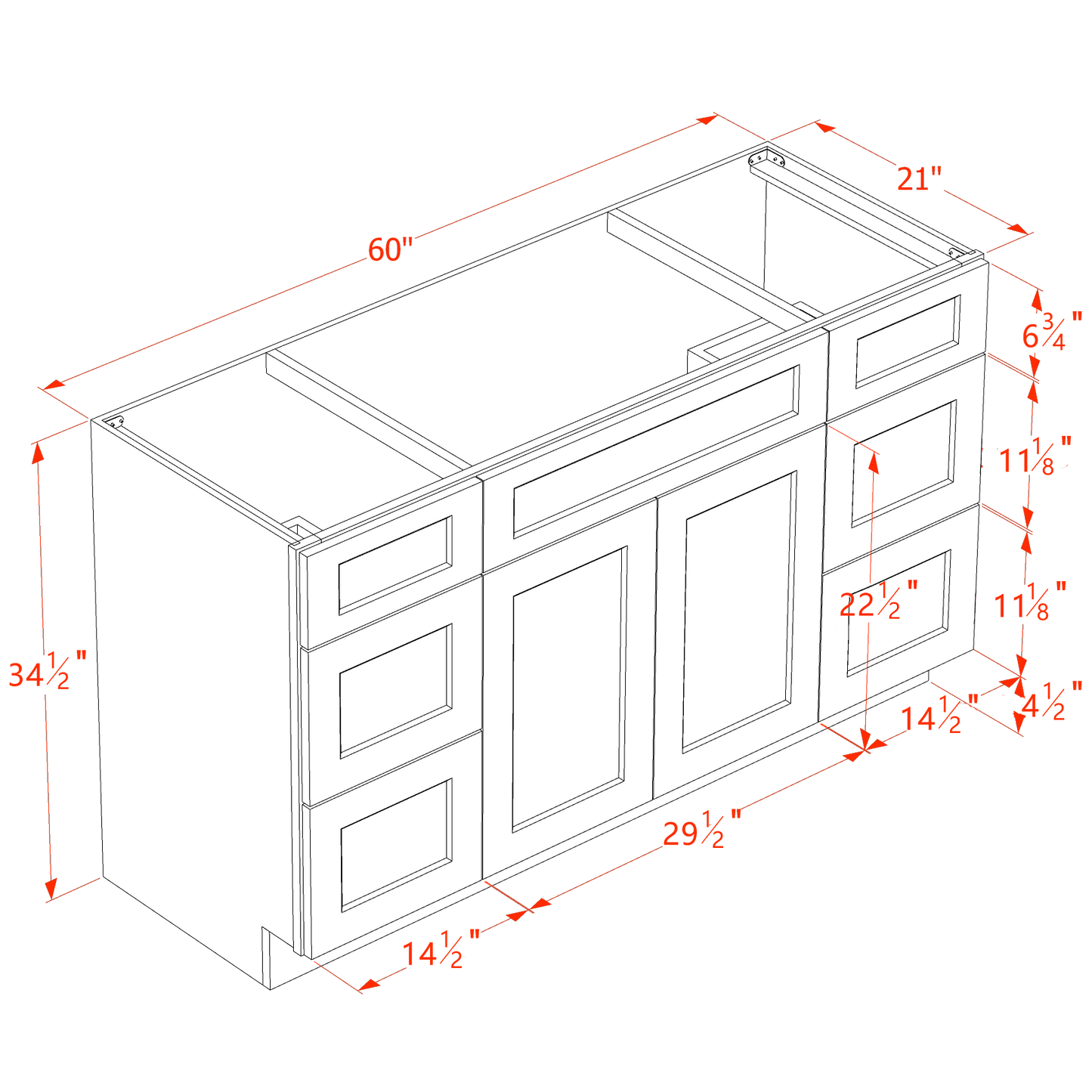 HE-VSD60SINGLE: Ebony Black Shaker 60"W x 34-1/2"H x 21"D 2 Doors, 6 Drawers & 1 False Drawer Single Sink Vanity Base Combo Cabinets