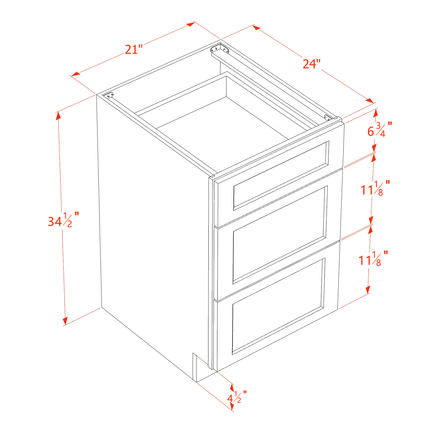 HF-DB21: Frost White Shaker 21" 3 Drawers Base Cabinet