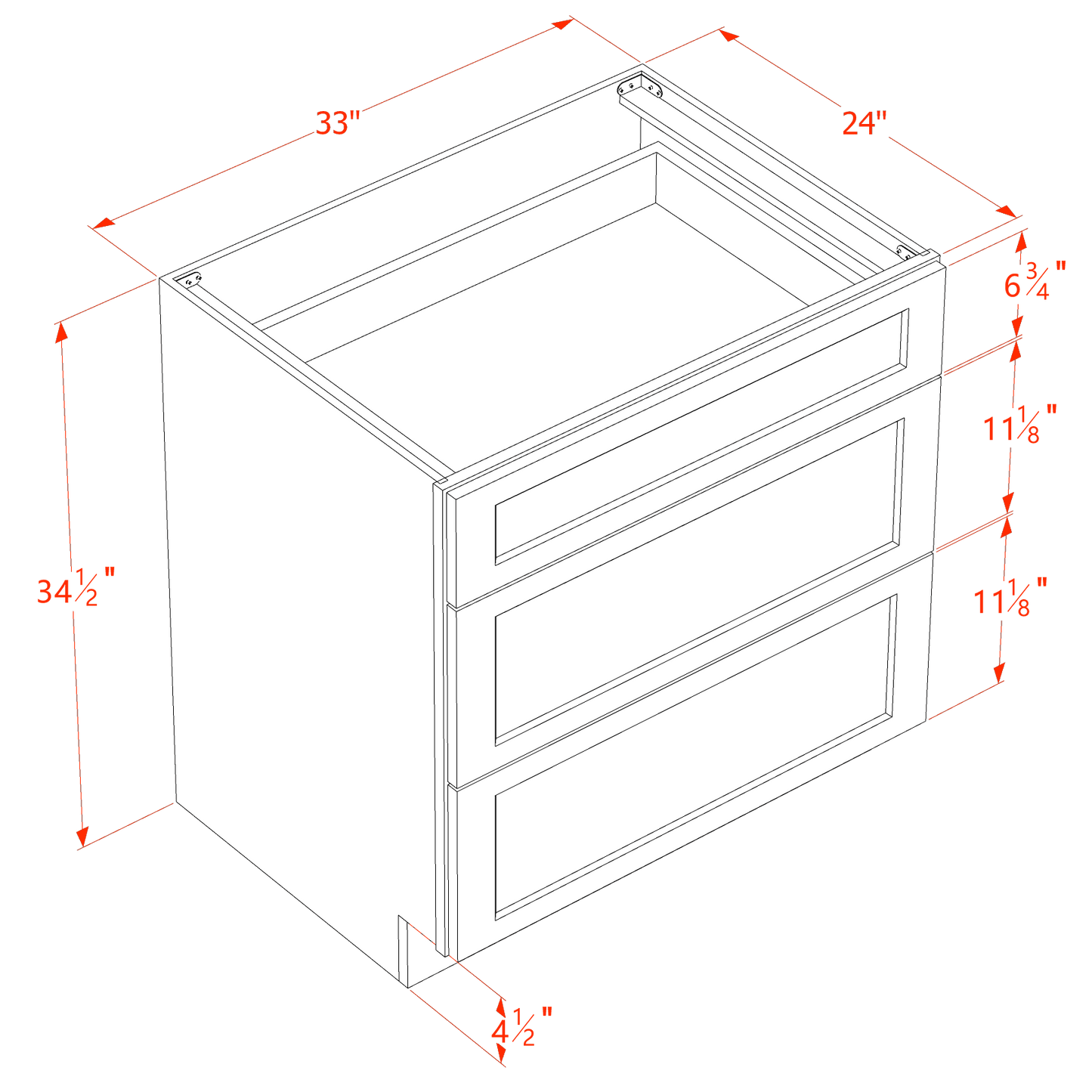 HF-DB33: Frost White Shaker 33" 3 Drawers Base Cabinet