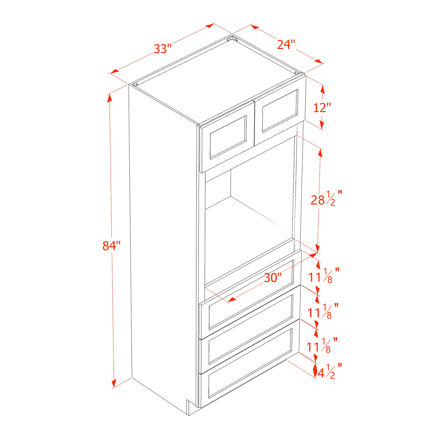 HF-OC3384: Frost White Shaker 33"W x 84"H x 24"D 2 Doors & 3 Drawers Tall Oven Shelf Cabinets
