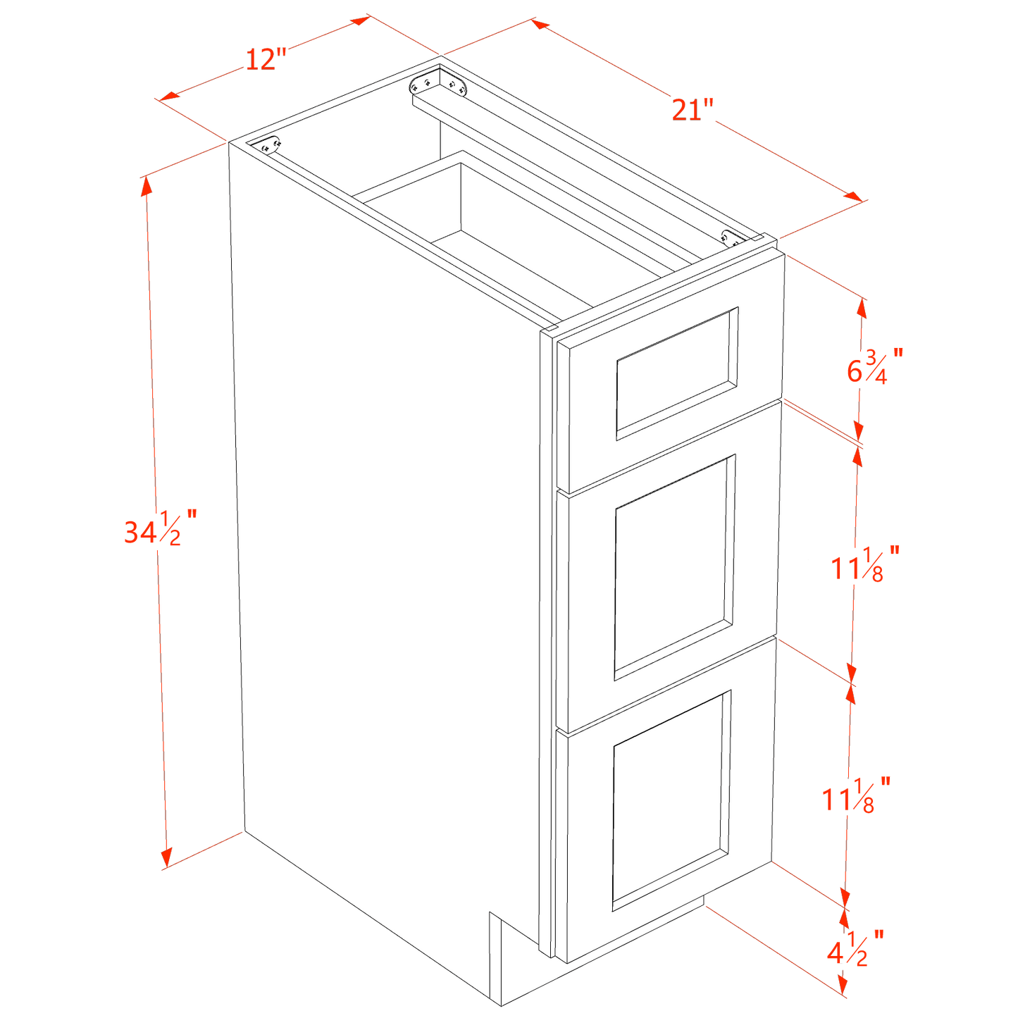 HF-VDB1221: Frost White Shaker 12"W x 34-1/2"H x 21"D 3 Drawers Vanity Base Cabinets